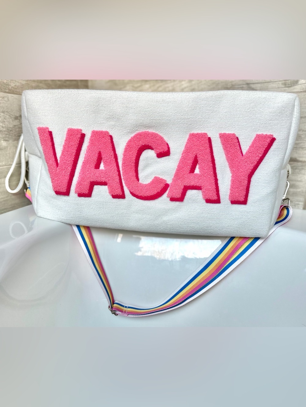 Blakeley VACAY Chenille Patch Letters Corded Weekender Bag with Rainbow Strap